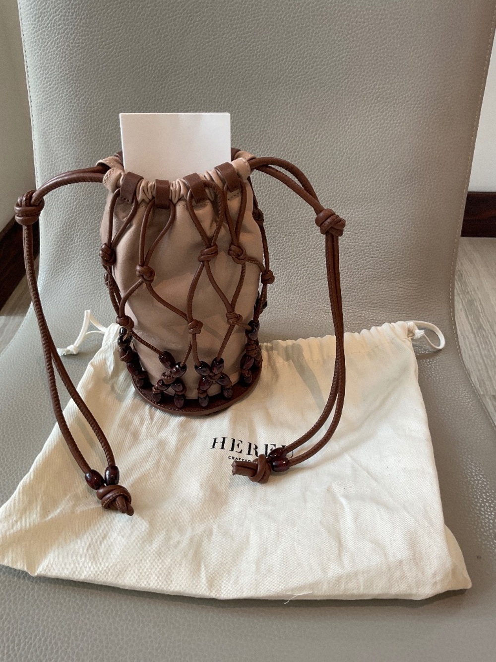 NWT Hereu Crafted in Spain-leather in tan with brown beads woven in leather